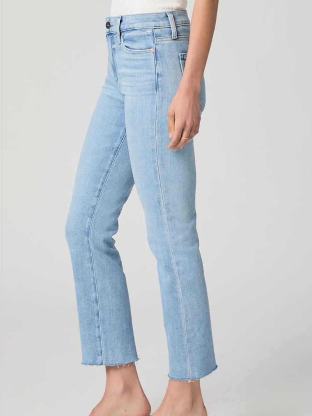 PAIGE Cindy Light Blue Denim Cropped Straight-Leg Jeans w Frayed Raw Hem